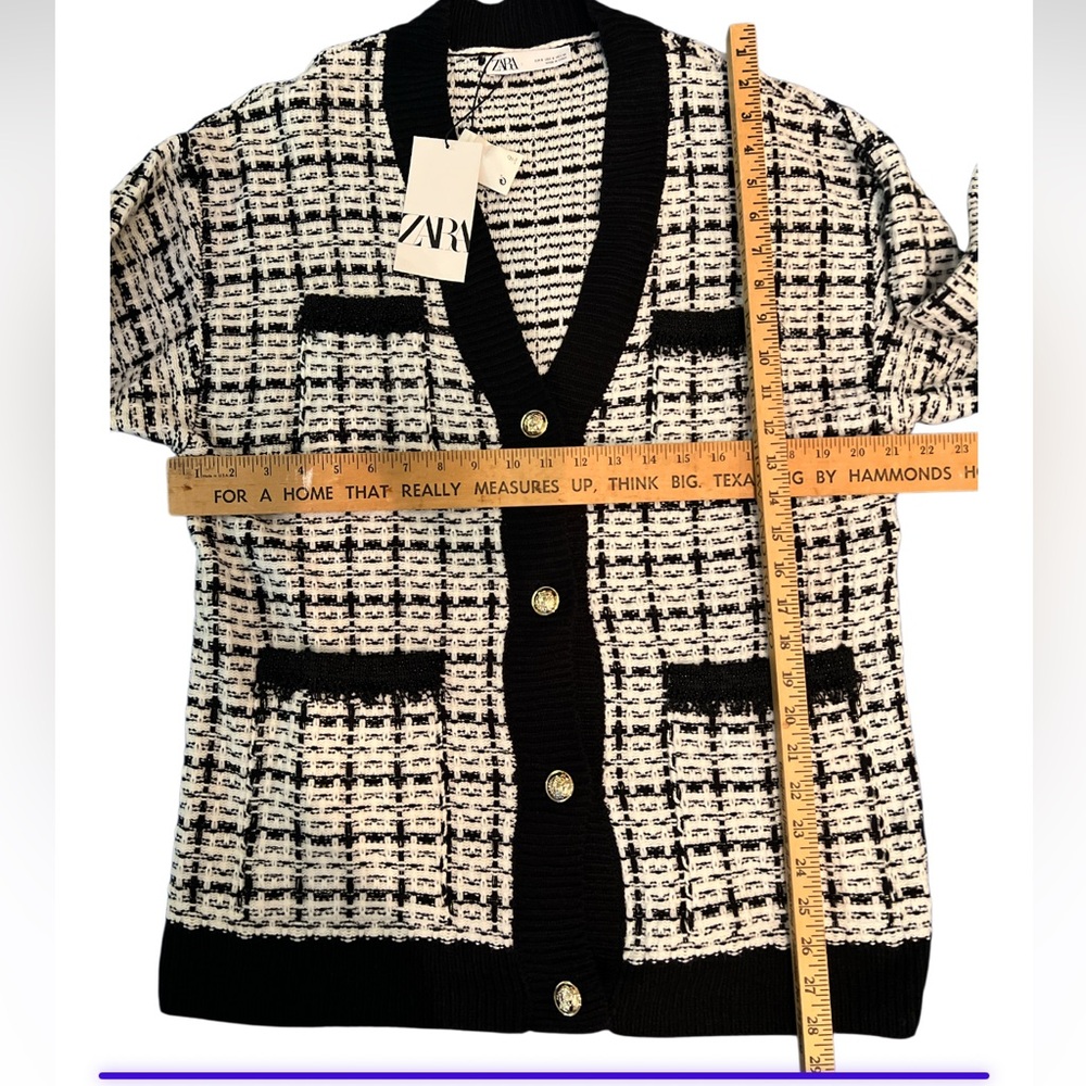 ZARA Tweed Knit Cardigan Black White Gold Button Womens Small NWT - Picture 7 of 8